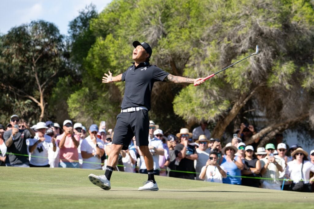 Anthony Kim celebrating a putt at LIV Golf Adelaide in February, 2026
