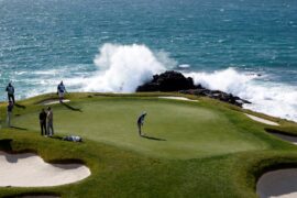 Aerial view of players ate Pebble Beach Golf Links