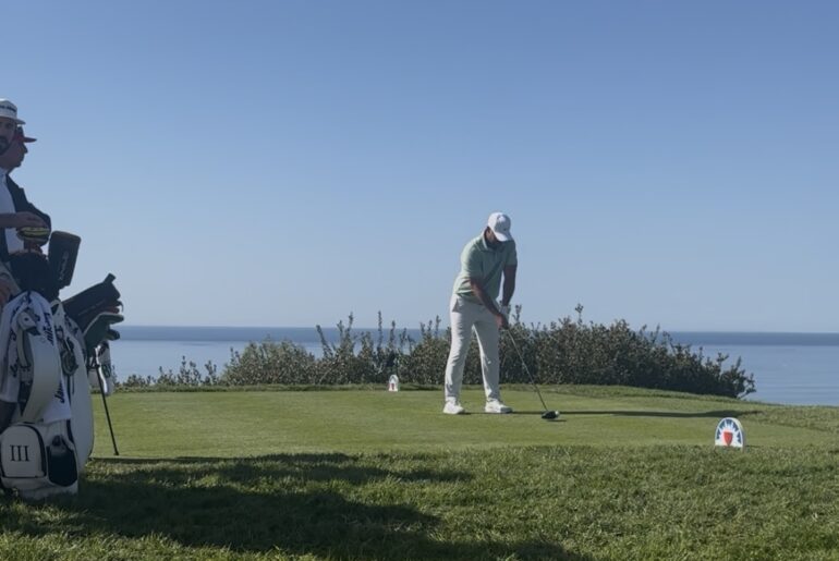 Brooks Koepka tees up a driver in his return to the PGA TOUR at the Farmers Insurance Open at Torrey Pines South Golf Course on January 31, 2026.