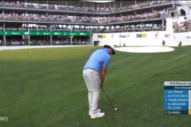 Joel Dahmen dons Seahawk helmet and gives the people a show on 16