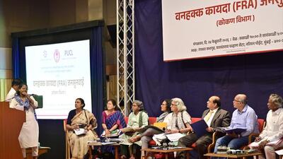 Mumbai, India - Feb. 24, 2026: Adivasis from Konkan shared their experiences of claims with the Forest Rights Act, 2006, at a public hearing organised by the People's Union of Civil Liberties (PUCL) at the YB Chavan Centre on Tuesday. A panel including retired justice Abhay Thipsay, ex-bureaucrat Lakshmikant Deshmukh, ex-minister Vasant Purke will compile an audit report on two decades of implementation of the FRA to be submitted to the state government in Mumbai, India, on Tuesday, February 24, 2026. (Photo by Anshuman Poyrekar/Hindustan Times) (Anshuman Poyrekar/HT Photo)