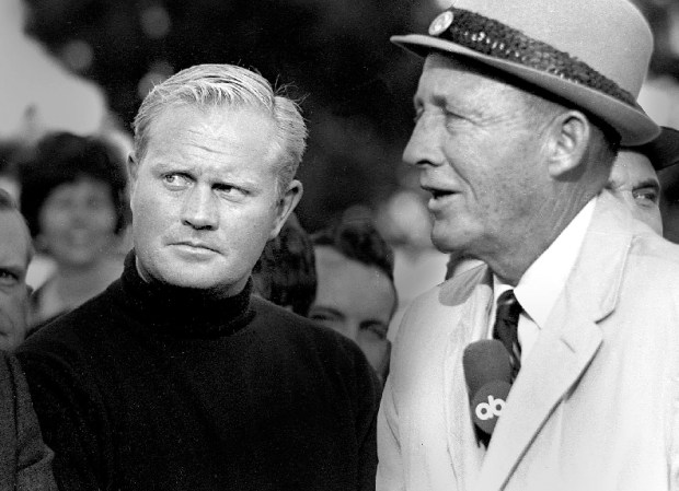Jack Nicklaus, left, and Bing Crosby at Pebble Beach during the 1968 Crosby Pro-Am. (Monterey Herald Archives) 
