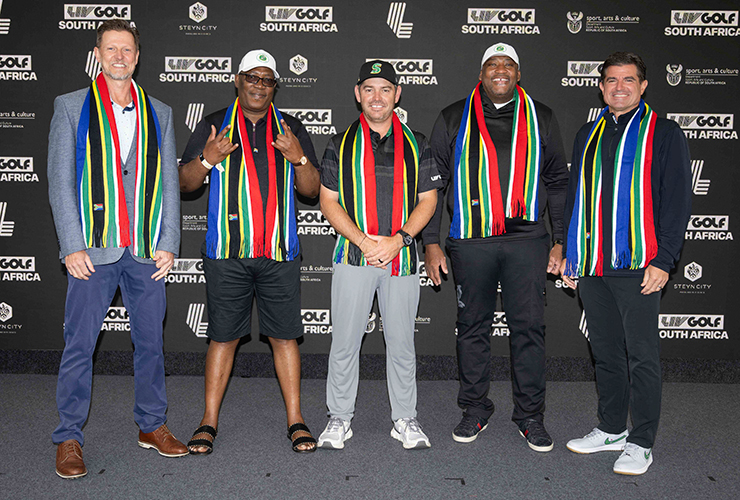 Steyn City Properties CEO Steven Louw, Premier of Gauteng Province Panyaza Lesufi, Stinger GC Captain Louis Oosthuizen, South Africa Minister of Sport, Arts & Culture Gayton McKenzie, and LIV Golf CEO Scott O'Neil (Photo by LIV Golf)