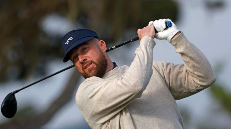 NFL player Travis Kelce plays his shot from the second tee during the second round of the AT&T Pebble Beach Pro-Am 2026 at Pebble Beach Golf Links on February 13, 2026 in Pebble Beach, California