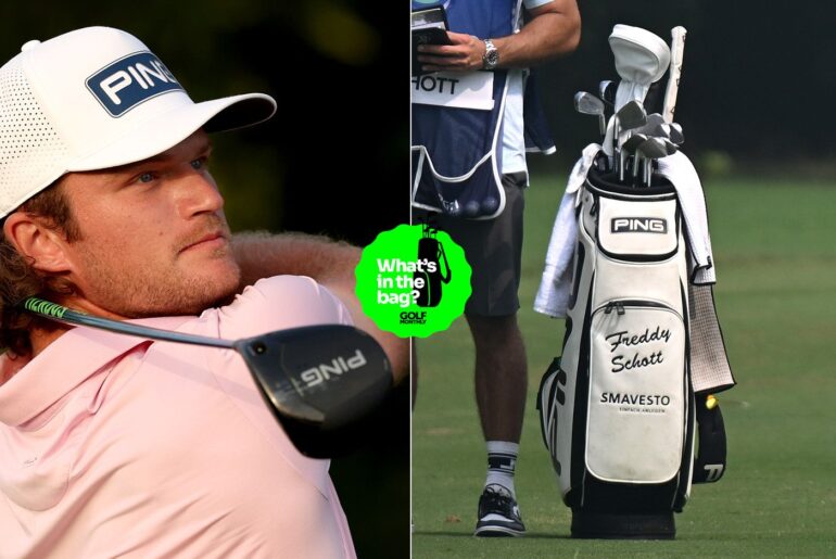 Freddy Schott hits a mini driver and a close up of his golf bag