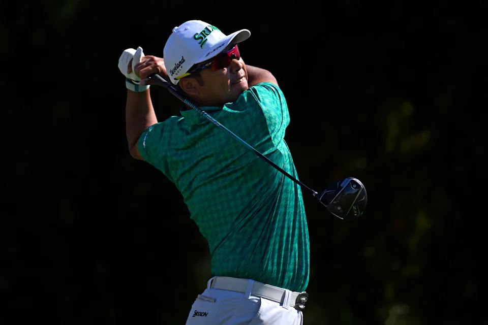 Hideki Matsuyama plays his shot from the fifth tee during the third round of the 2026 WM Phoenix Open at TPC Scottsdale.