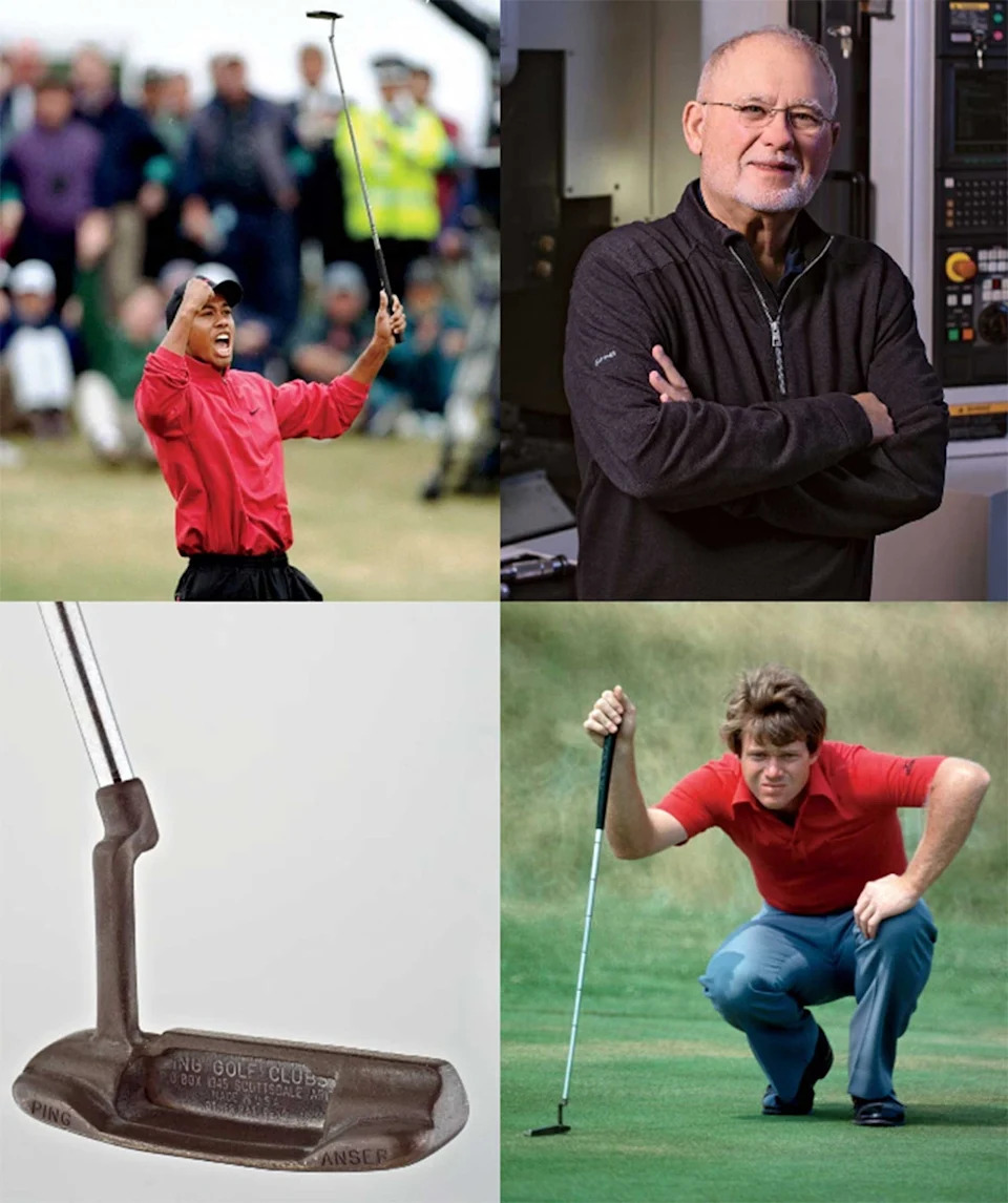 Clockwise from top right: John A. in 2022; Tom Watson and his trusty PING Pal; an original Scottsdale Anser, circa 1966; and a pumped Tiger, Anser 2 in hand, at the 1998 Open Championship at Royal Birkdale.