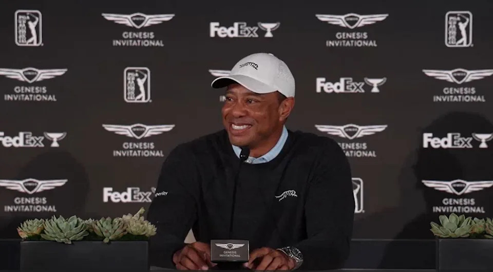 Tiger Woods takes questions from the media at Riviera Country Club ahead of the 2026 Genesis Invitational in Pacific Palisades, California.