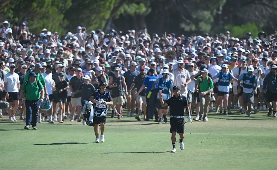 Anthony Kim of the Aces heads down the 18th during day four of LIV Adelaide at The Grange Golf Club on February 15, 2026 in Adelaide, Australia.
