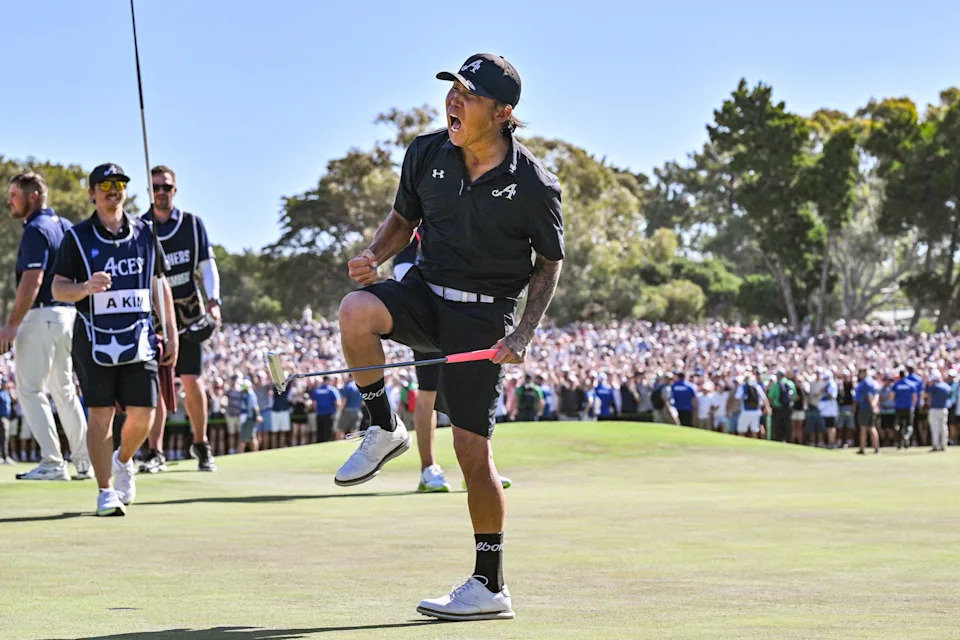 4Aces GC player Anthony Kim from the US celebrates after he won the LIV Golf Adelaide tournament at The Grange Golf Club in Adelaide on February 15, 2026.