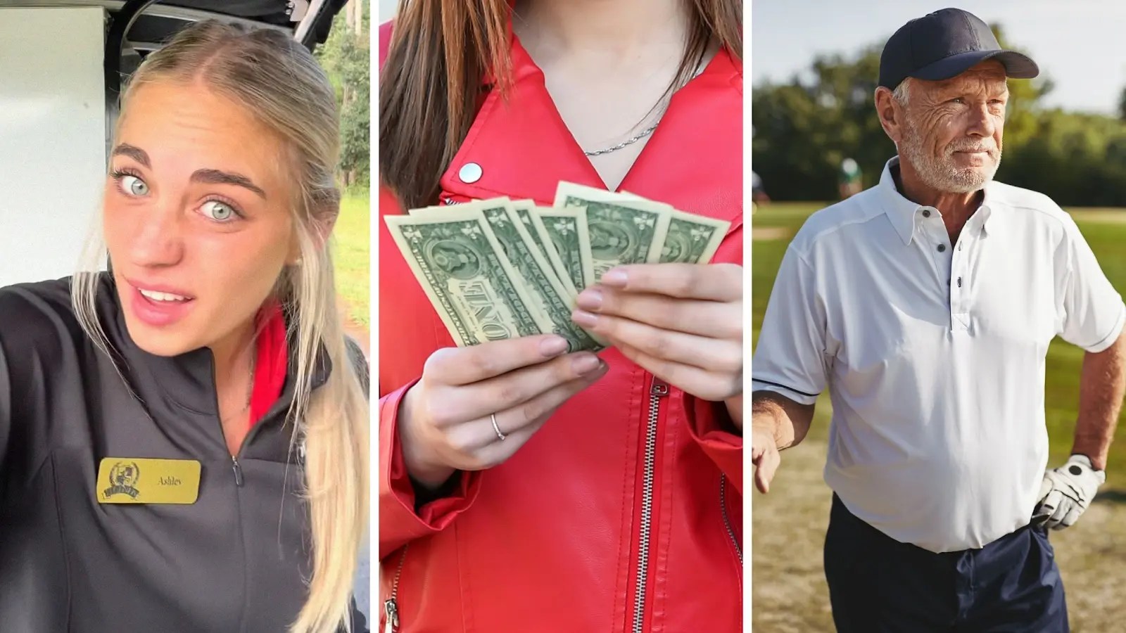 beverage cart girl shares a day in the job (l) woman with her cash tip (c) male golfer (r)