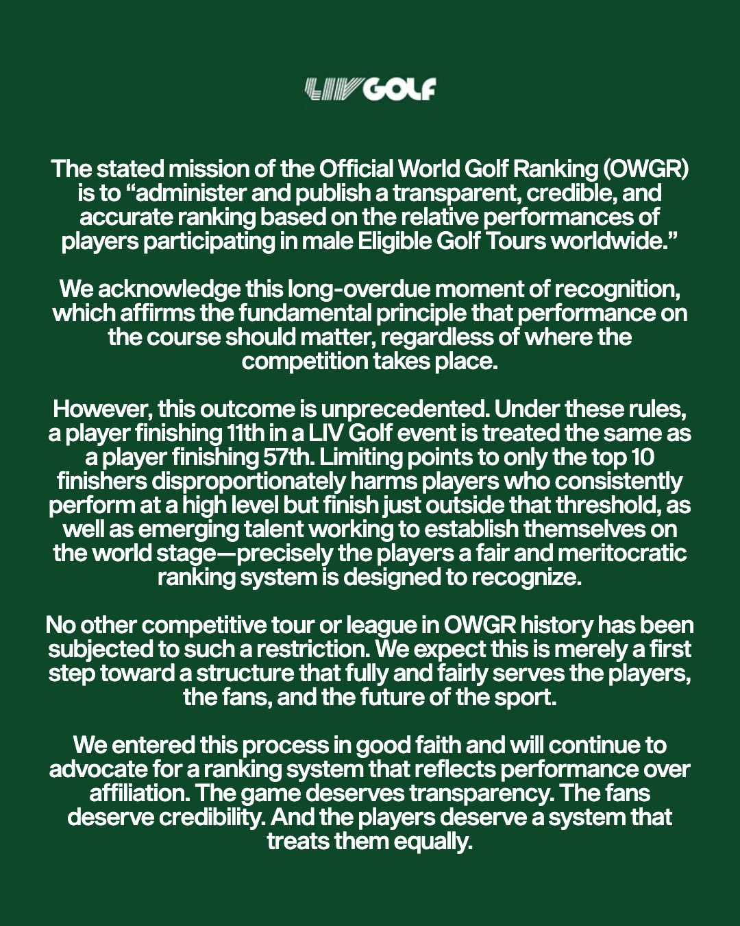 LIV Golf's official statement following OWGR call