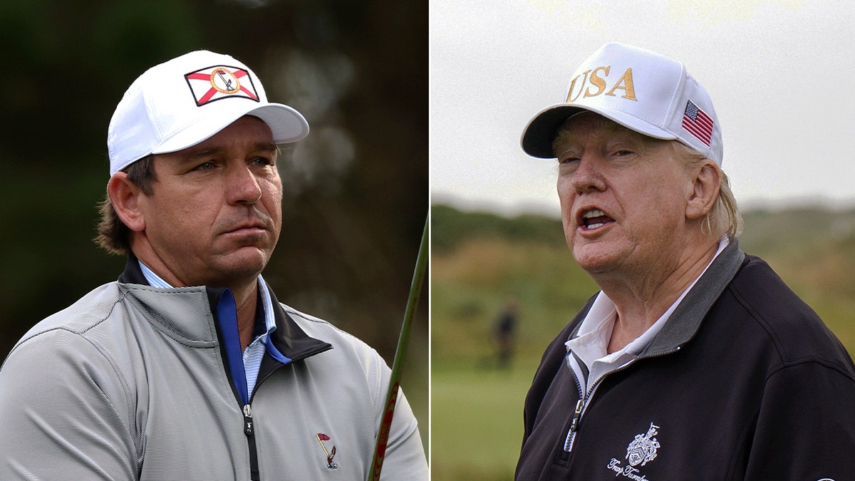 Split of Florida Gov. Ron DeSantis and President Trump, both wearing golf attire
