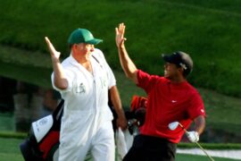 Tiger Woods after chipping in at the 2005 Masters