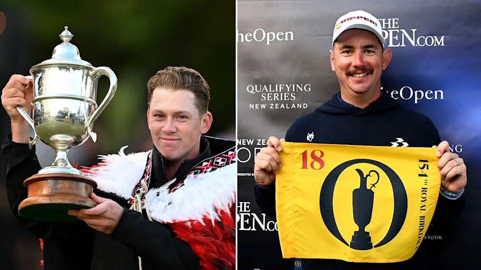 (left) Daniel Hillier lifts up the New Zealand Open trophy after his win in 2026 while (right) Lucas Herbert poses with an Open Championship pin flag.