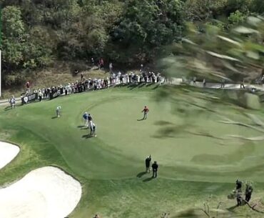 The LIV Golf broadcast drone, just moments before crashing into a tree (branch seen right)