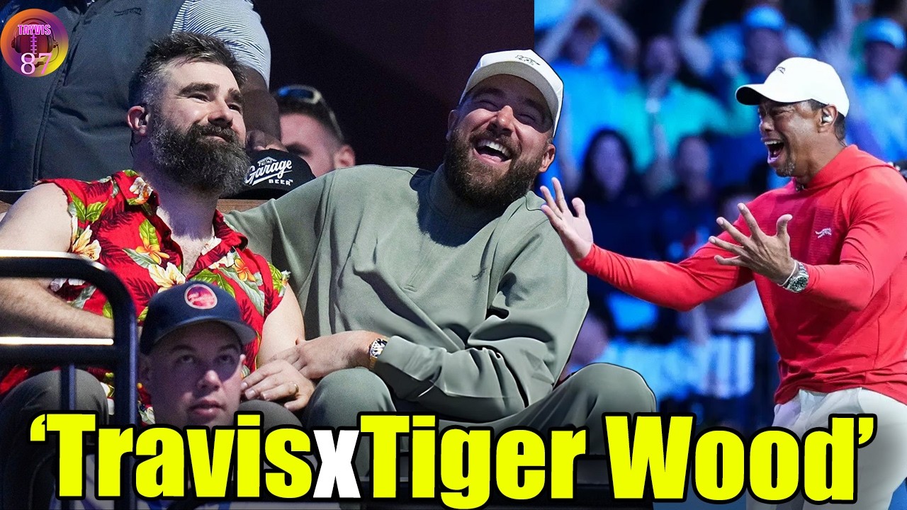 Travis Kelce shares a laugh and hug with Tiger Woods & Brother Jason during TGL Golf event