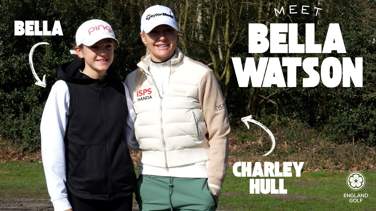 13-year-old Bella Watson plays with hero Charley Hull during Sunningdale Foursomes
