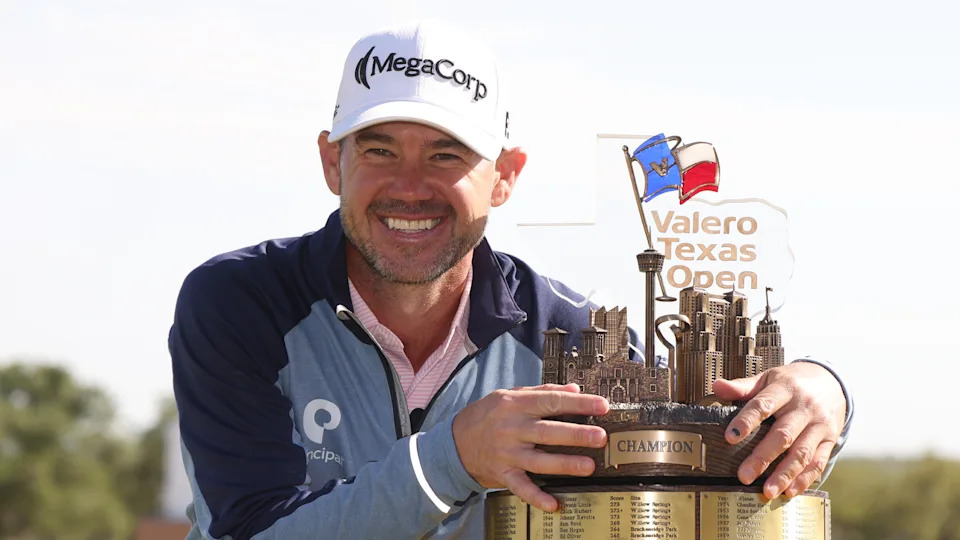 Brian Harman with the Valero Texas Open trophy