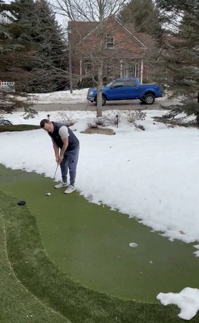 Our Jon McCarthy lines up a putt while waiting for the snow to melt in his new dream backyard.