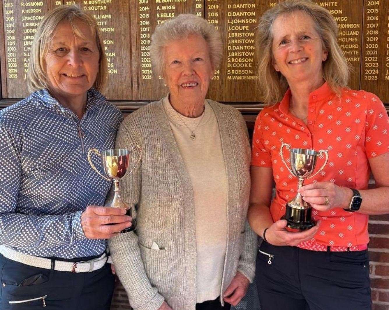 Women’s Winter Cup winners at Canterbury GC, Gillian Soutar, left, and Carol Bye, right, with Moira Holt, who co-presented the Winter Cups in the 1980s