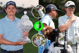 Nico Echavarria holds a trophy, with a golf bag next to his caddie