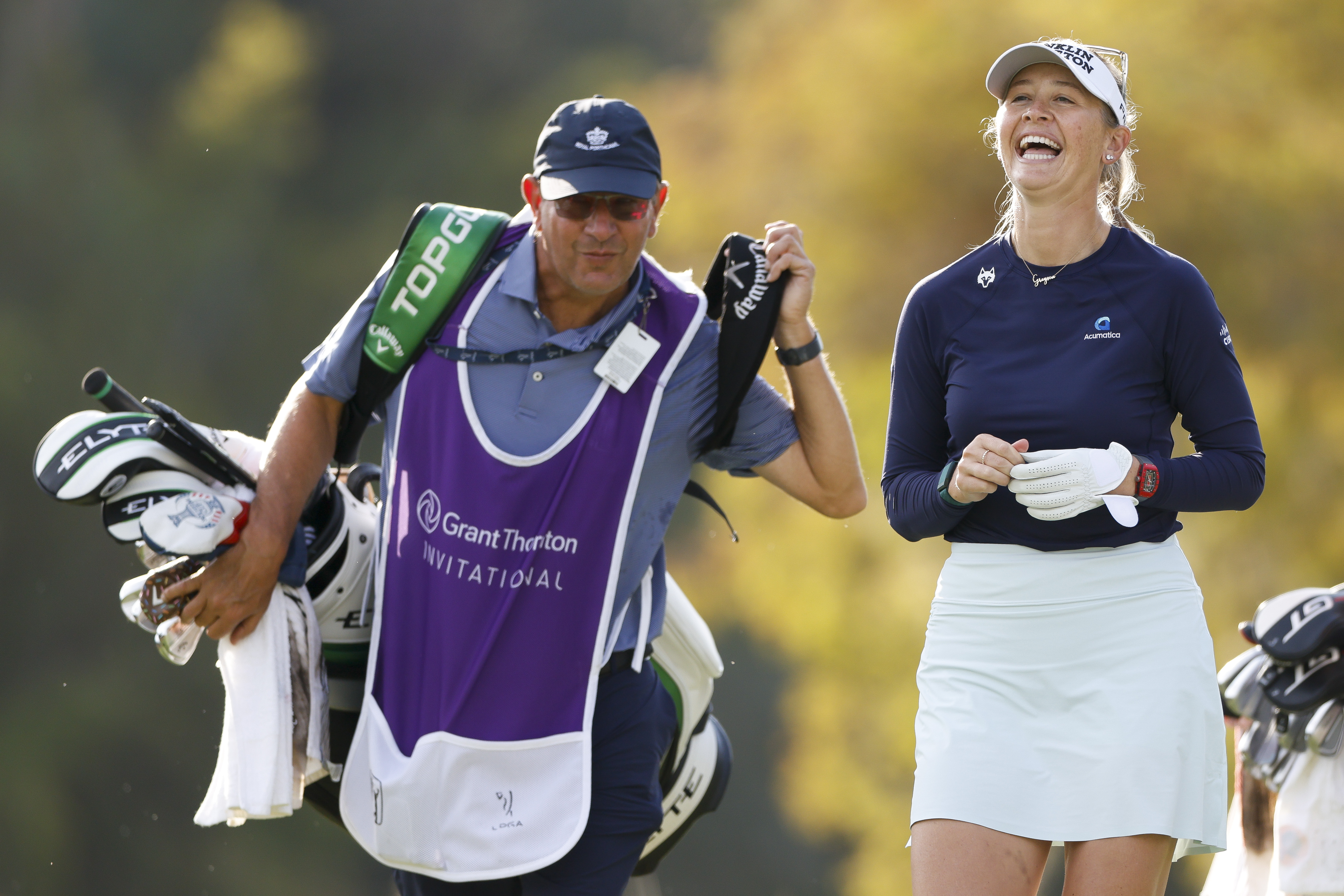 Jessica Korda shares a laugh with her caddie during the 2025 Grant Thornton Invitational