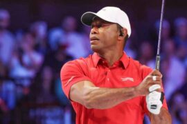 Tiger Woods of the Jupiter Links Golf Club plays his shot from the second tee the TGL finals golf tournament in Palm Beach Gardens, Fla., Tuesday, March 24, 2026. (AP Photo/Reinhold Matay)