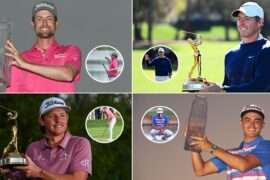 Webb Simpson, Rory McIlroy, Cameron Smith and Rickie Fowler holds Players Championship trophies, with a close up of their putters in circles