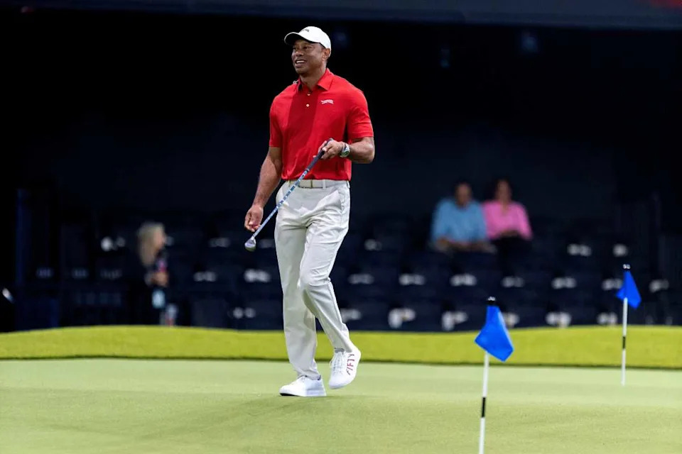 Tiger Woods of Jupiter Links walks across the green before a TGL match against New York Golf Club at SoFi Center in Palm Beach Gardens, Florida.