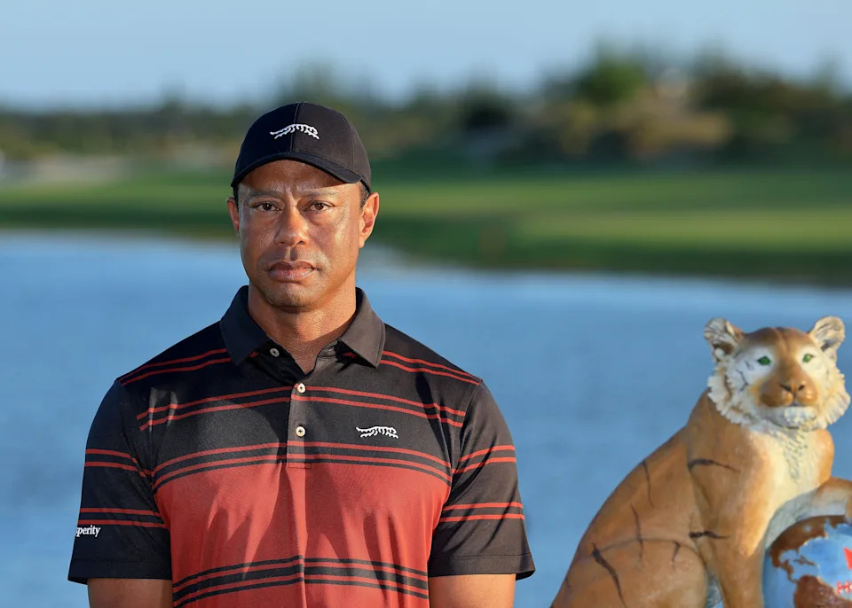 NASSAU, BAHAMAS - DECEMBER 07: Tiger Woods of The United States the tournament host at the official presentation ceremony after the final round of the Hero World Challenge 2025 at Albany Golf Course on December 07, 2025 in Nassau, Bahamas. (Photo by David Cannon/Getty Images)