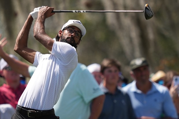Akshay Bhatia hits off the third tee during the final round of the Arnold Palmer Invitational.