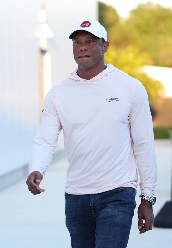 Tiger Woods of Jupiter Links Golf Club arrives before the match against the Los Angeles Golf Club at SoFi Center on March 23, 2026 in Palm Beach Gardens, Florida.