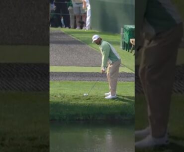 Max Homa skips across the pond on No. 16. #themasters
