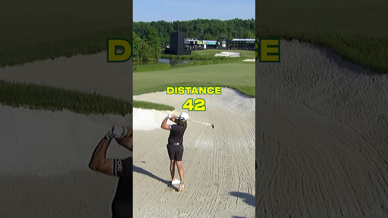 Cam with the casual 7 wood out of the bunker and over the pond 😤