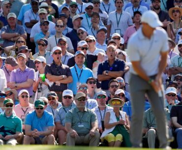 Apr 10, 2026; Augusta, Georgia, USA; Patrons react after Rory McIlroy's first putt on the 10th green during the second round of the Masters Tournament at Augusta National Golf Club. Mandatory Credit: Katie Goodale-Imagn Images