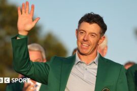 Rory McIlroy puts on the Green Jacket at the 2026 Masters