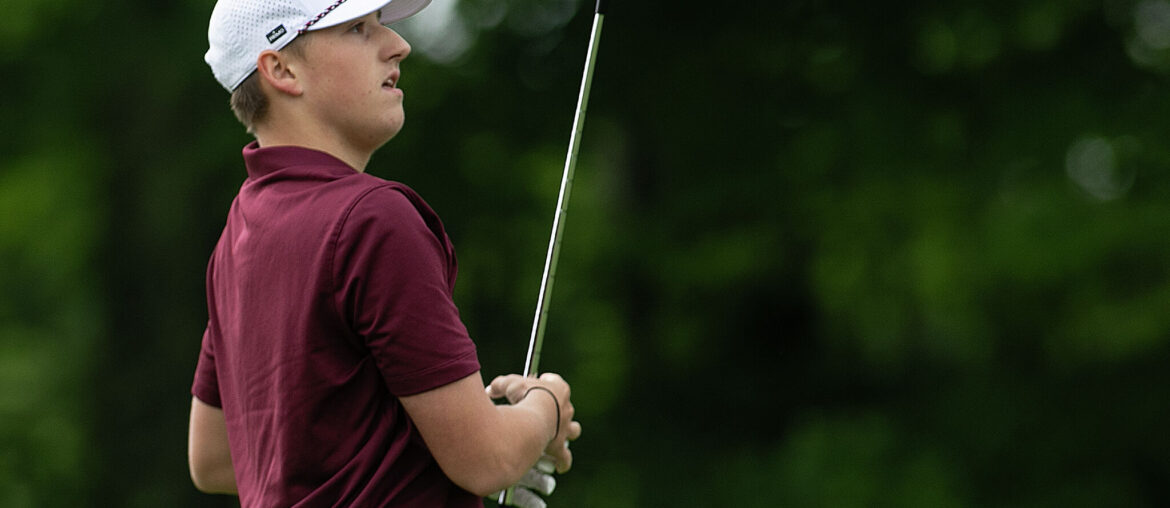 Bristol Central's Avery Philips watches his tee shot on Hole #10 during the CIAC Boys Division I Spring State Championship at Fairview Farm Golf Course in Harwinton, Conn., Wednesday, June 5, 2024.