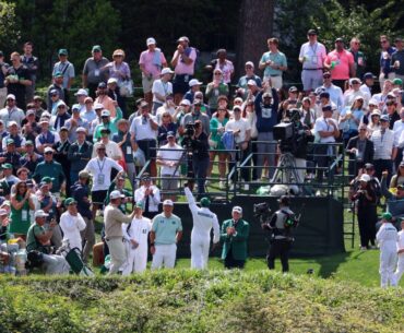 Apr 8, 2026; Augusta, Georgia, USA; Kevin Hart reacts after teeing off on the eighth hole during the Par 3 Contest at the Masters Tournament at Augusta National Golf Club. Mandatory Credit: Bill Streicher-Imagn Images