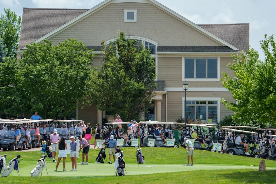 Golf carts line up at the clubhouse before the start of the OSF Children's Hospital of Illinois Championship pro-am Tuesday, June 24, 2025 at Metamora Fields Golf Club in Metamora.