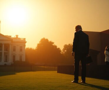 A cinematic painting depicting a solitary Trump family member, such as Kai Madison Trump, in a political setting like the White House lawn or a campaign rally stage, bathed in warm, diagonal sunlight and deep shadows, conveying a sense of quiet contemplation and the enduring power of political dynasties.
