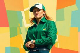 A cubist, geometric painting depicting Paige Spiranac wearing the iconic Masters green jacket, with the image broken down into sharp, overlapping planes of color and form.