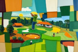A cubist, geometric painting depicting a golf course, clubhouse, and players in a fractured, multi-perspective style, using vibrant greens, browns, and blues to conceptually represent the club