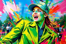 An abstract, energetic painting in neon colors, with rapid brushstrokes and fragmented shapes, conceptually representing the social media buzz and evolving fashion trends surrounding the Masters tournament.