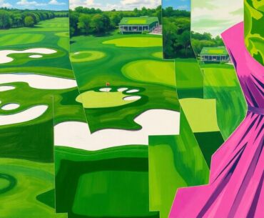 A cubist, geometric painting depicting the Masters tournament, with sharp, overlapping planes of green fairways, white bunkers, and a vibrant pink dress, representing the clash between tradition and modern expression.