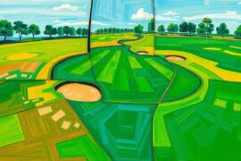 A cubist, geometric painting depicting a deconstructed golf course, with sharp, overlapping planes of green fairways, brown bunkers, and blue skies.