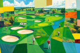 A fractured, geometric painting in vibrant greens, blues, and browns, depicting the motion and competition of a senior golf tournament in an abstract, deconstructed style.