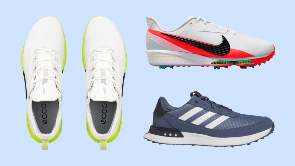 Three golf shoes on a pale blue background