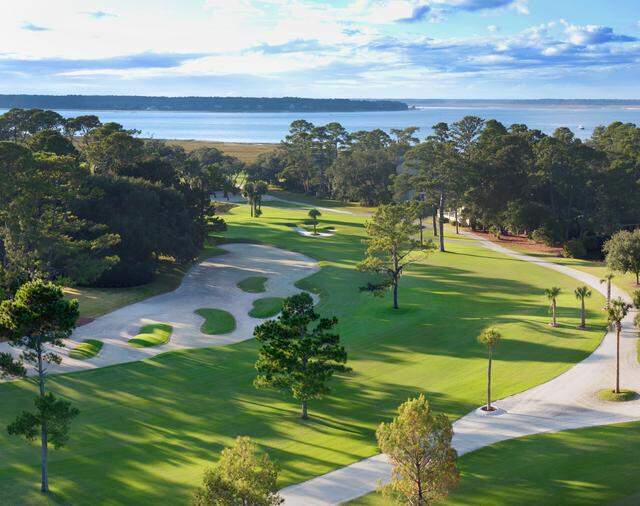 The 16th hole at Harbour Town Golf Links, shown fully restored in this drone photo provided by the Sea Pines Resort.