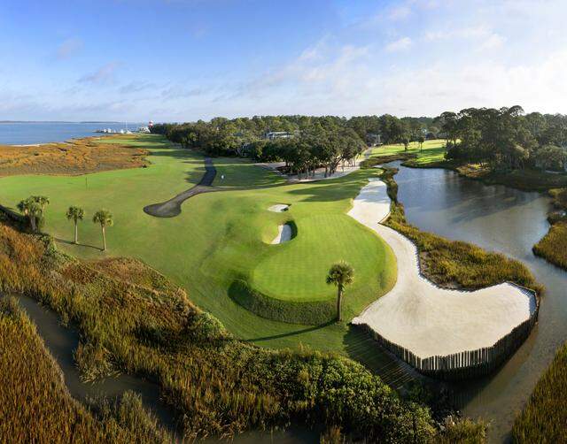 This drone shot of the 17th hole at Harbour Town Golf Links in Sea Pines Resort shows the fully renovated course. The iconic golf course reopened on Nov. 11, 2025, after closing in May for an extensive restoration project.